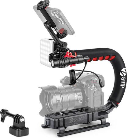 Zeadio Camera Stabilizer, Handle Grip Handheld Stabilizer with LED Video Light and Microphone, Fits for All Camcorder, Camera, DSLR, Action Camera and All Smartphones