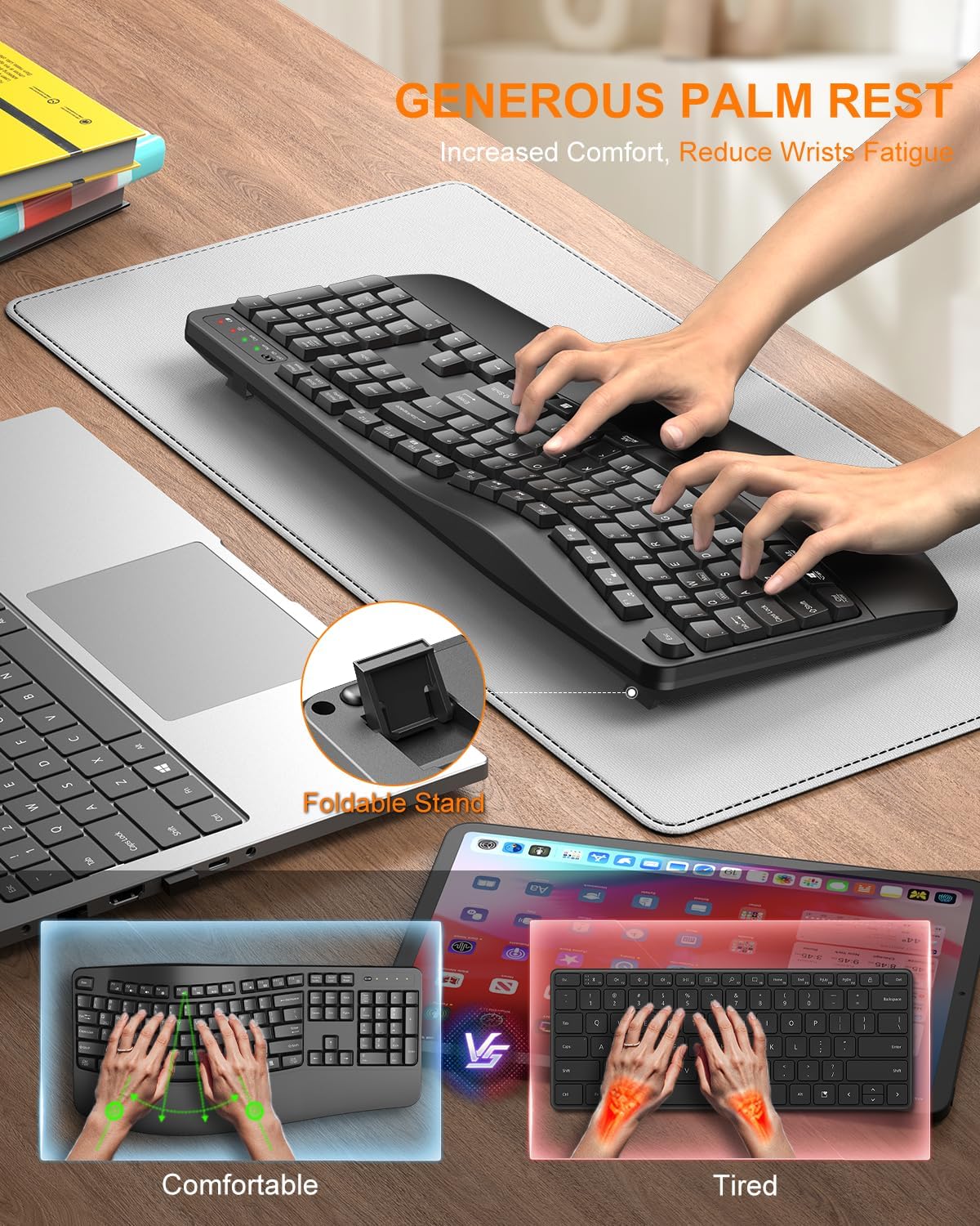 EDJO Ergonomic Wireless Keyboard for Large Hands, with Wrist Rest, Wave Keys, 2.4GHz Full Size Ergo Cordless USB Computer Keyboard, Comfortable Natural Typing, for Laptop, Mac, Windows (Black)