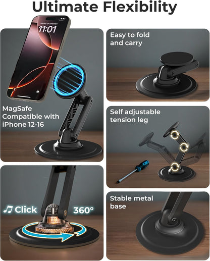 COOPER Magnetic Phone Stand for Desk, Mag360 Adjustable MagSafe Stand for iPhone 16 Pro Max, 15 14 13 12 & Plus | 360° MagSafe Phone Holder, Strong Magnetic Mag Safe, Foldable 3-Axis Leg (Black)