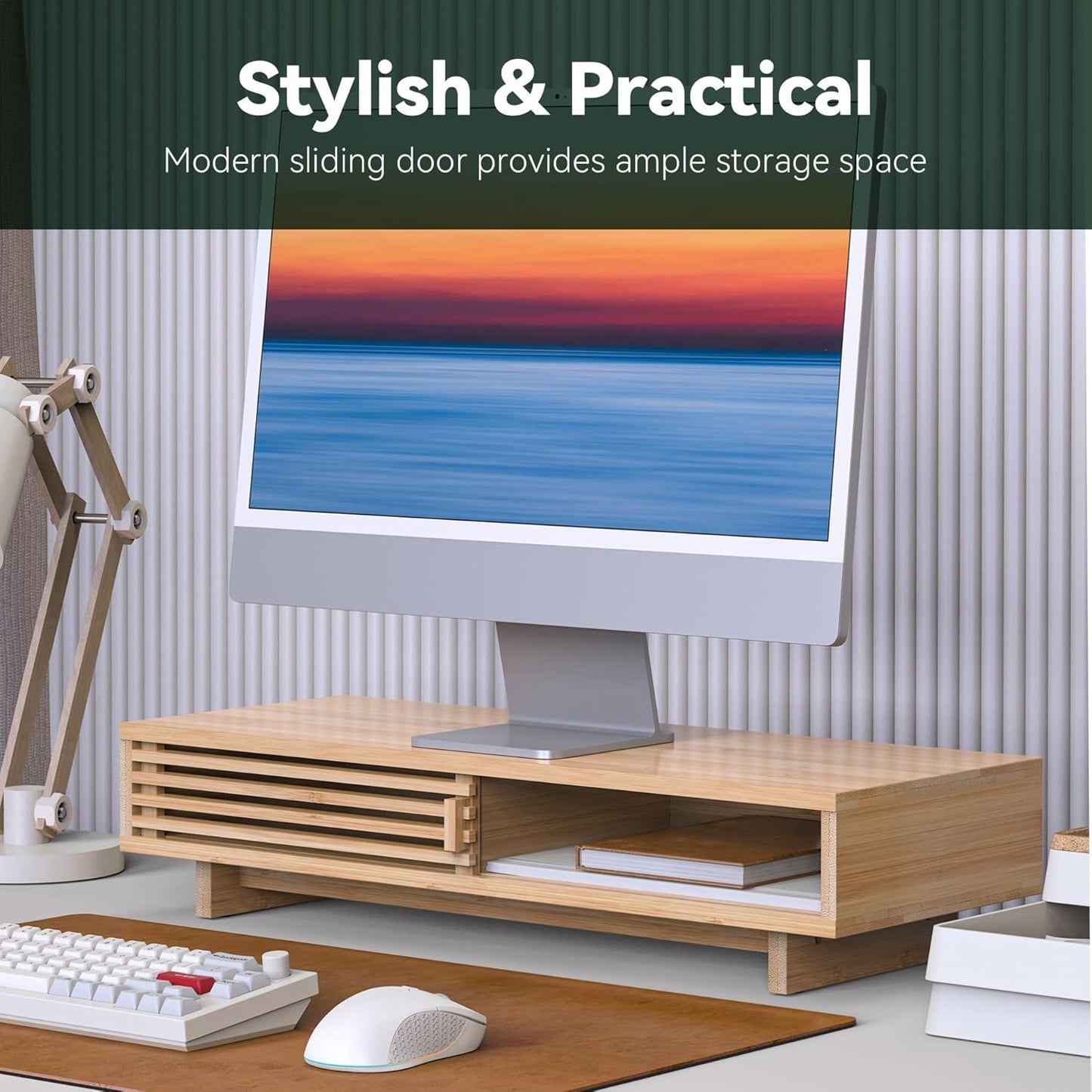 Monitor Stand Riser with Sliding Door, Computer Laptop Stand Desk Shelf Organizer with Storage (Natural Bamboo, 25 Inch)