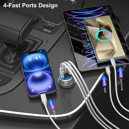 USB C Car Charger, 3 Pack 65W 12V Car Charger Adapter Multi Port QC 3.0+PD 30W Super Fast Cigarette Lighter Adapter Plug with Voltage Meter for iPhone 16/15/14/13/12/11 Pro Max,Samsung,Android(Gray)