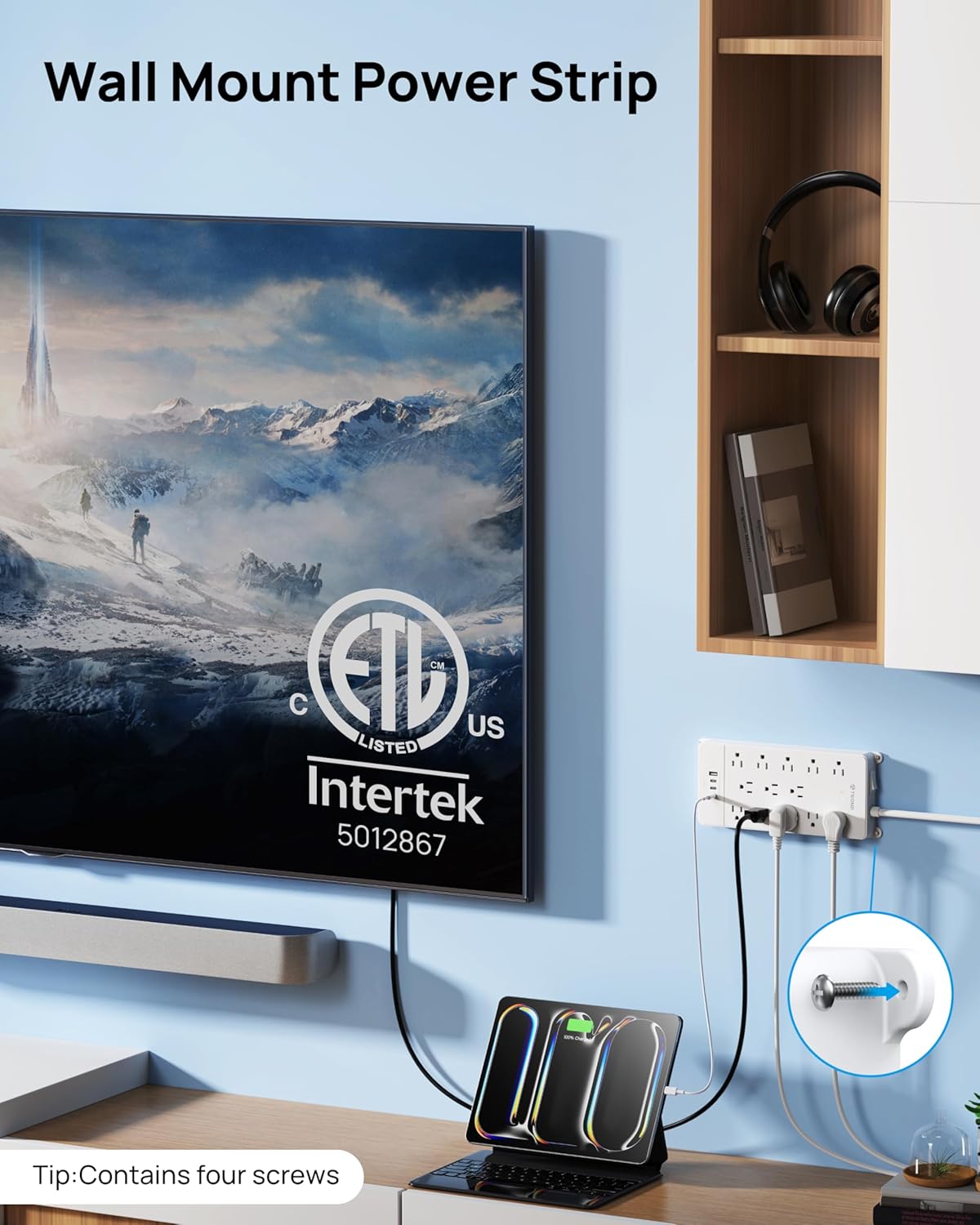 TROND 360° Rotating Flat Plug, Surge Protector Power Strip, 13AC Widely Spaced Outlets Expansion with 3 USB C Ports, 4000J, 10ft Extension Cord Heavy Duty, Wall Mount, Under Desk, ETL Listed, White