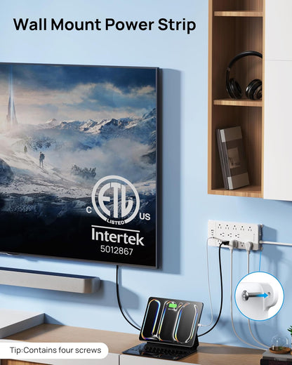 TROND 360° Rotating Flat Plug, Surge Protector Power Strip, 13AC Widely Spaced Outlets Expansion with 3 USB C Ports, 4000J, 5ft Extension Cord Heavy Duty, Wall Mount, Under Desk, ETL Listed, White