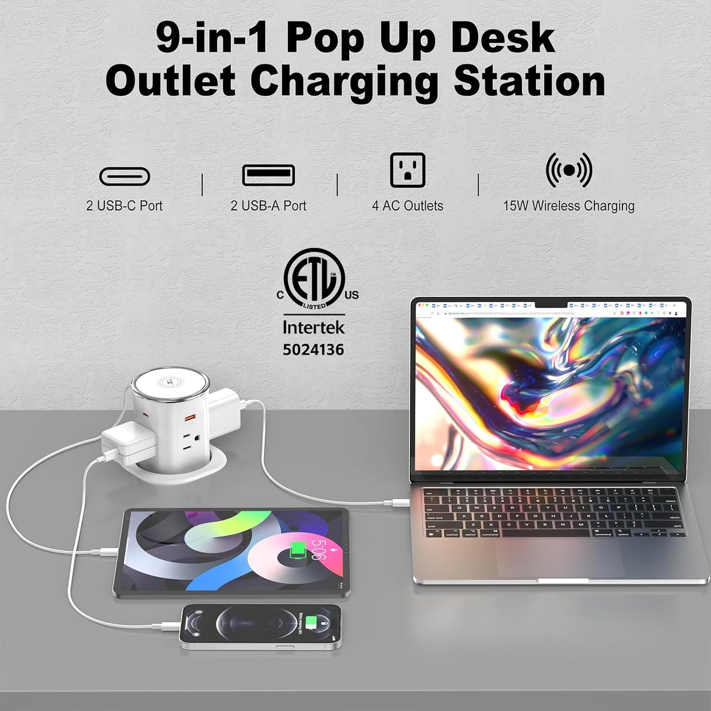 Jgstkcity Pop Up Outlet for Countertop 3.15-inch Desk Wire Hole Insert,9-in-1 Power Strip with 15W Wireless Charger,4 Outlets 4 USB Ports,15Amp Tamper Resistant Receptacle, ETL Listed