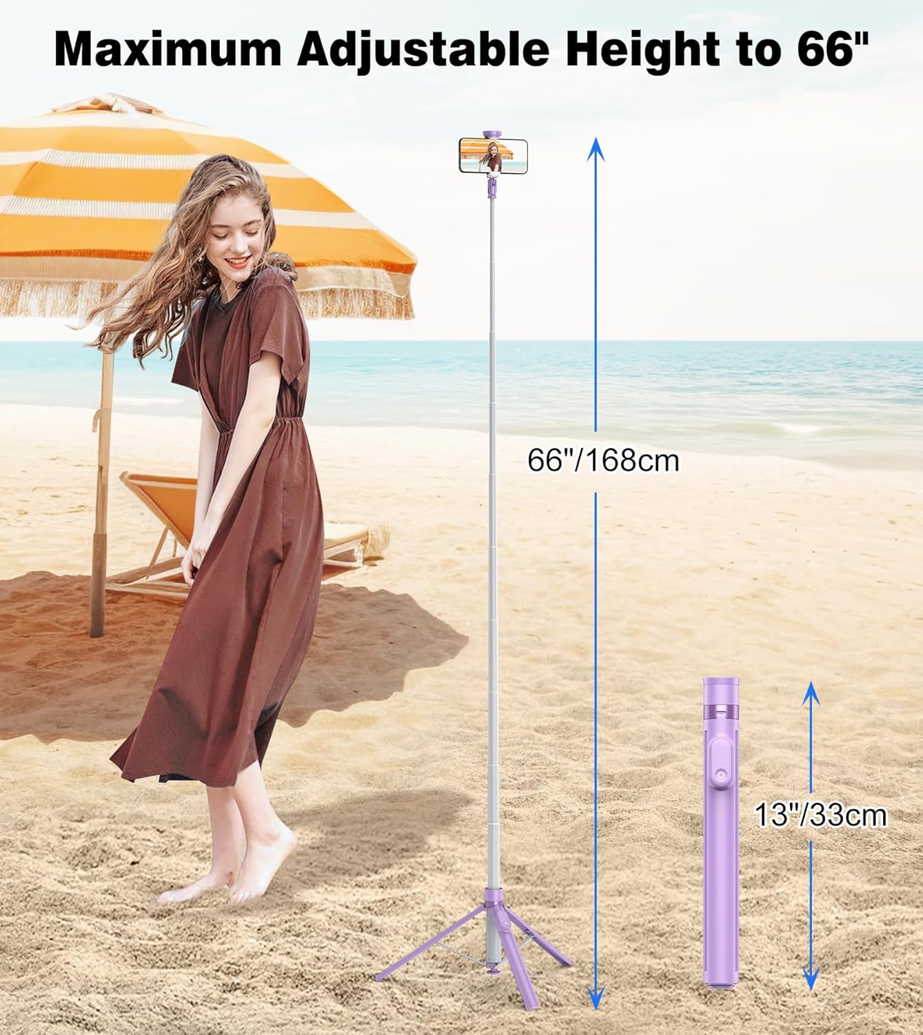 TONEOF 66" Automatic Tripod,Auto-Open Phone Tripod Stand with Magnetic Rechargable Remote,Selfie Stick Tripod 360° Vertical & Horizontal Rotatable,Stable Travel Tripod for iPhone/Android(Purple)