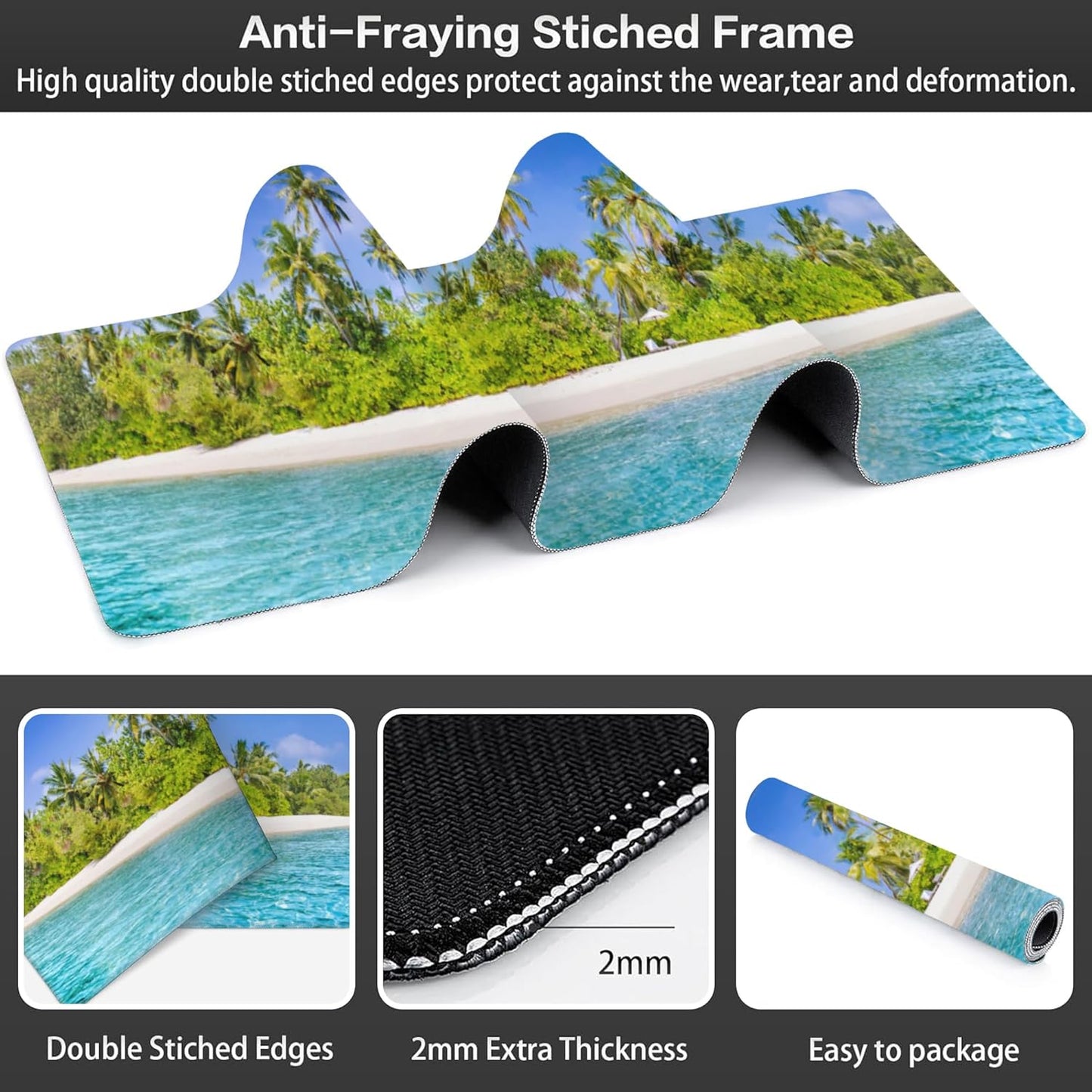 Tropical Nature Landscape Desk Mat,Large Summer Beach Seawater and Palm Trees Gaming Keyboard Mouse Pad,Non-Slip Rubber Base Desk Pad Thick Stitched Edges Waterproof Mousepad Mouse Mat 31.5"x11.8"