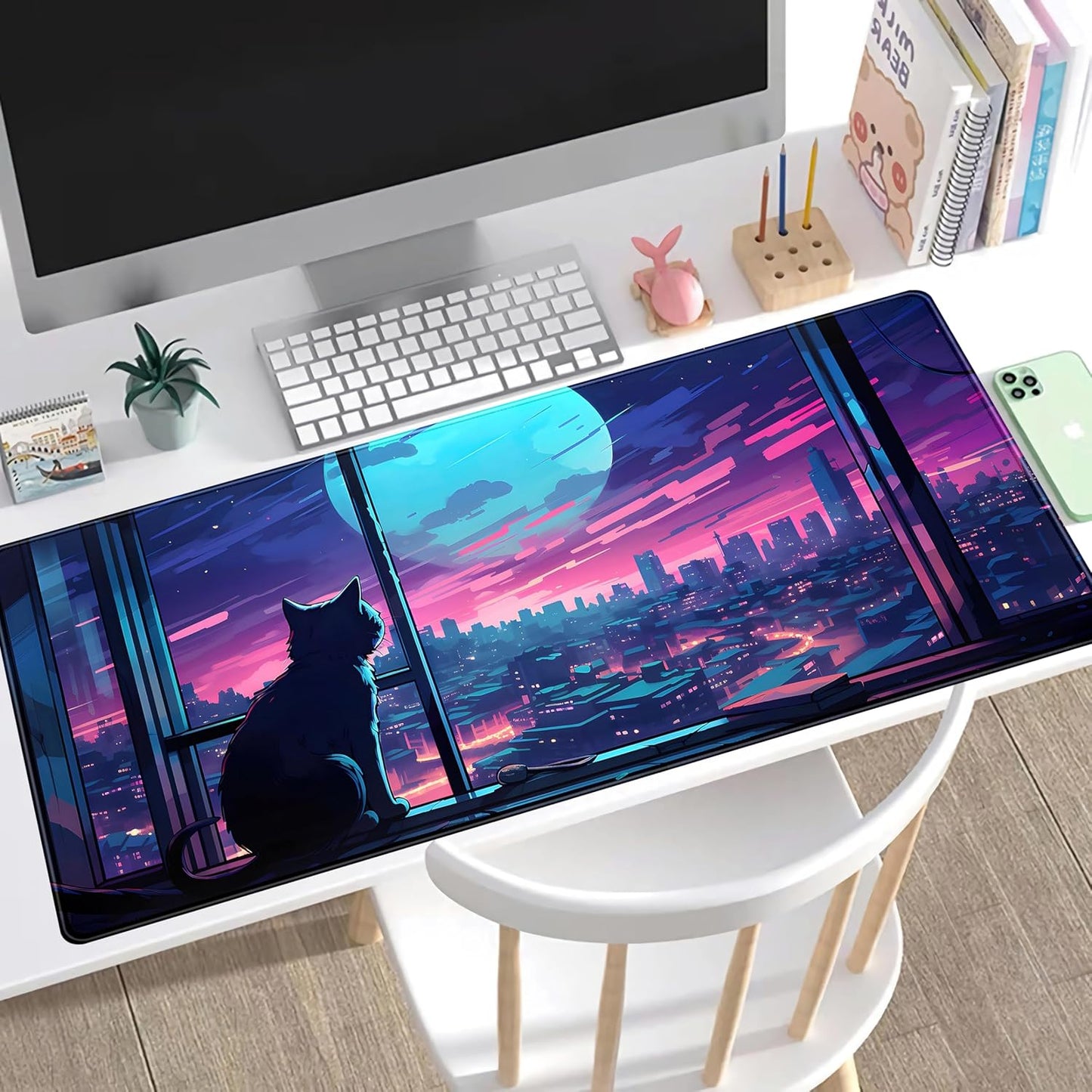 Cool Purple Kawaii Anime Moom Cat Desk Mat XXL Large Gaming Mouse Pad, Cute City Cats Desk Pad for Gamer Girl Women Office Desk Decor Mousepad, Computer Laptop Keyboard and Mouse Mat 31.5x15.75 in
