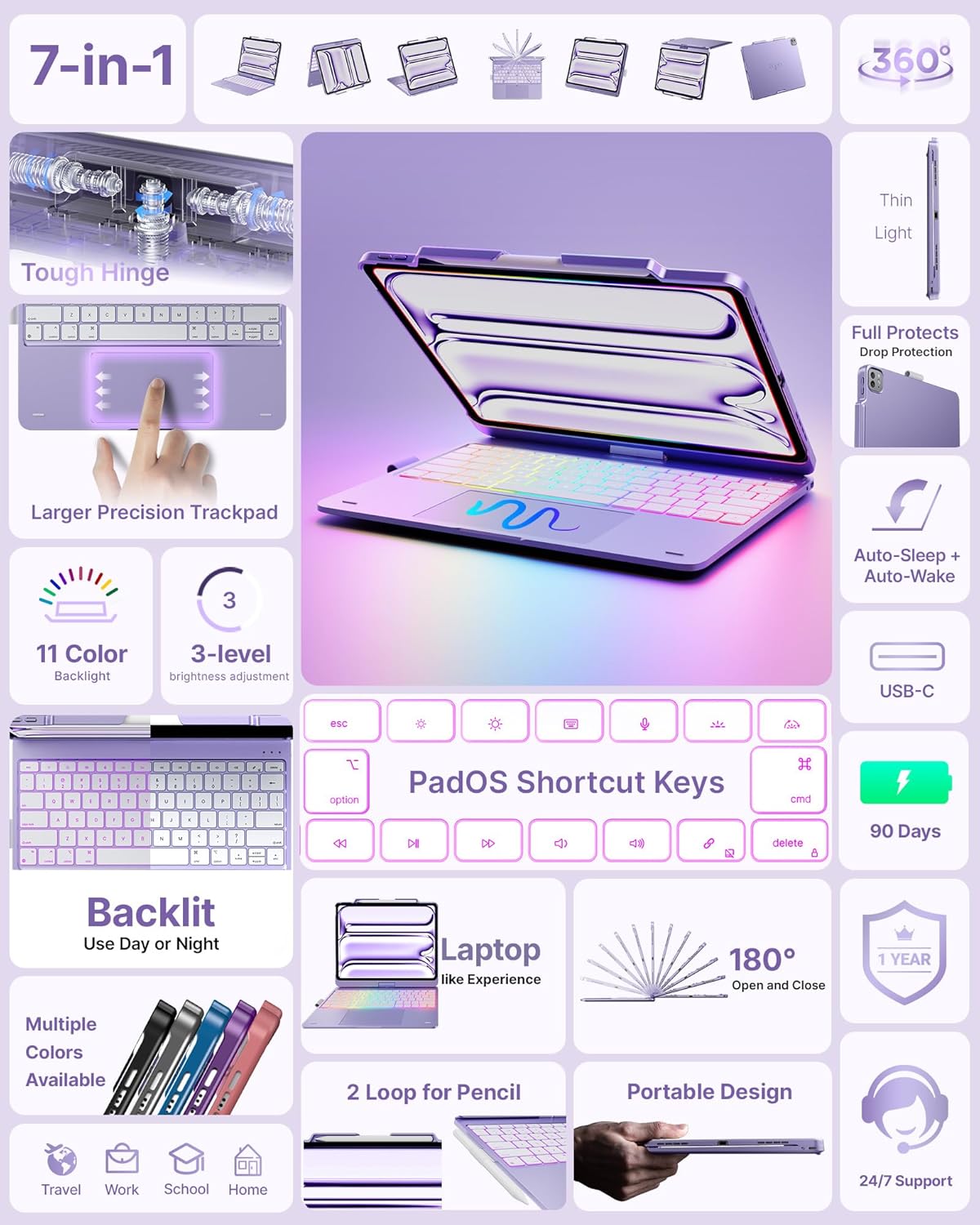 typecase Touch Case with Keyboard for iPad Pro 13-inch(M4, 2024), iPad Air 13-inch(M3, 2025/M2, 2024) & iPad Pro 12.9(6th/5th/4th/3rd Gen), Trackpad, 360° Rotatable, 11-Colors Backlit, Pale Purple