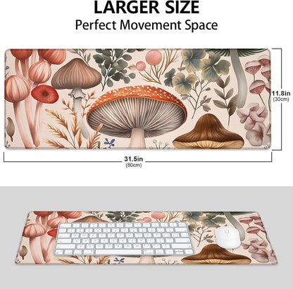 Botanical Mushroom Large Mouse Pad, Gaming Mouse Pad, Keyboard Mat, Non-Slip Rubber Base, Office Accessories, Desk Mat, MousePads for School, Work, Home Decor Gifts 31.5" x 11.8"