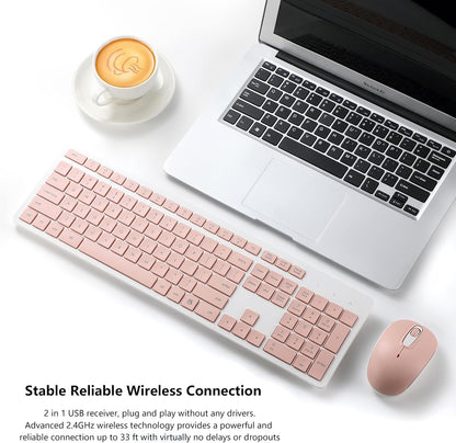 Wireless Keyboard and Mouse Combo, 2.4G Silent Cordless Keyboard Mouse Combo for Windows Chrome Laptop Computer PC Desktop, 106 Keys Full Size with Number Pad, 1600 DPI Optical Mouse (Pink)