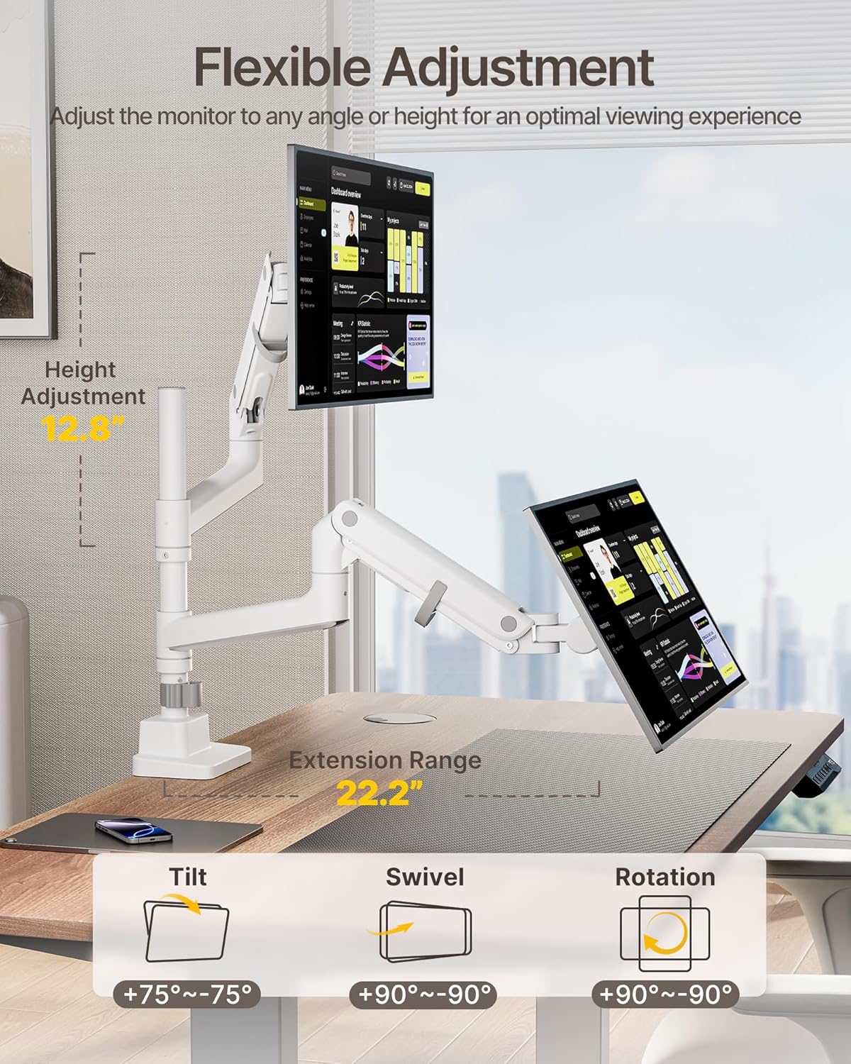 monTEK Dual Monitor Arm for up to 57" and 59.4 lbs Ultrawide Screen, Aluminum Heavy-Duty Gas Spring Vertical Stackable Curved Screen Adjustable Monitor Stand, 75/100mm Vesa Mount, White