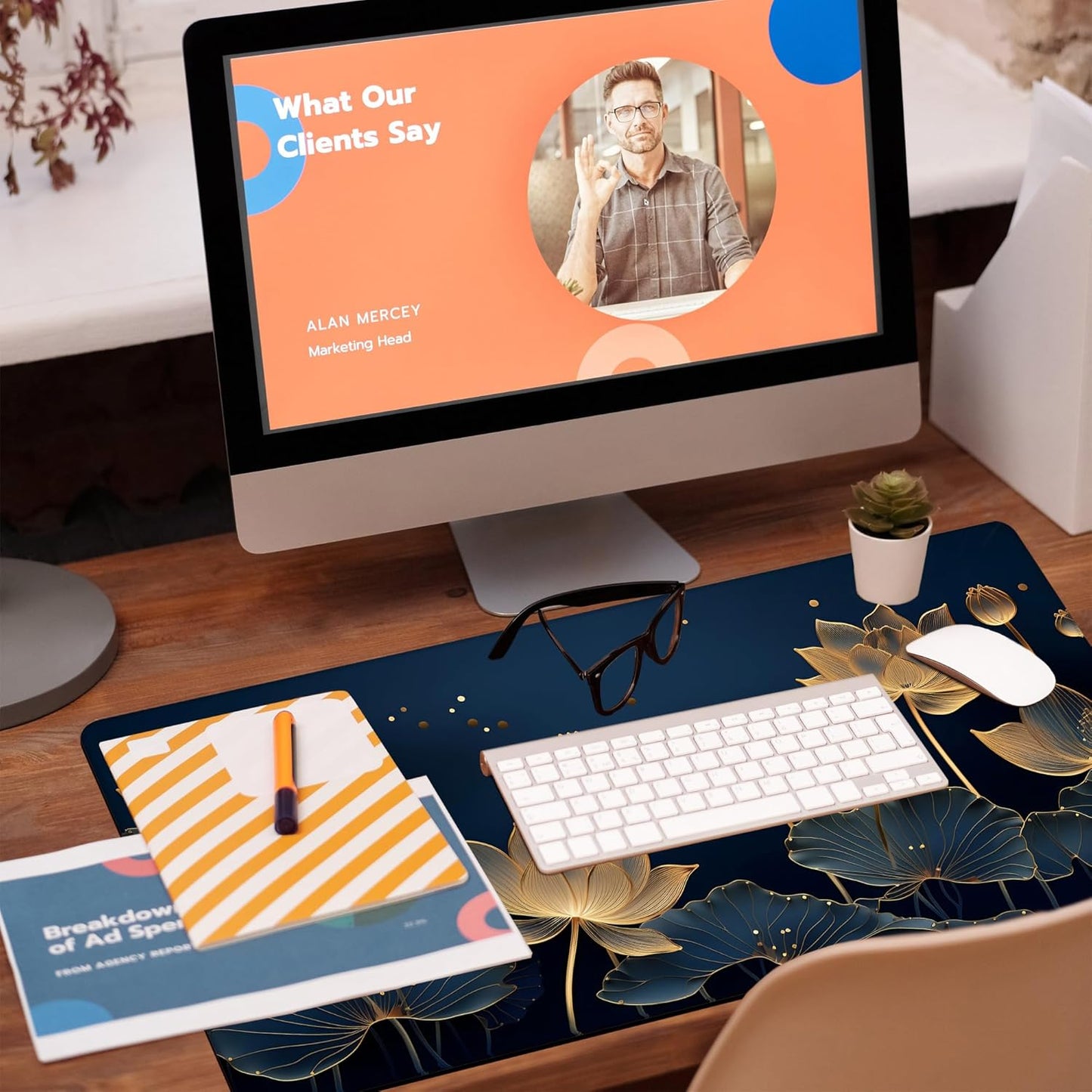 Desk Pad,Luxury Golden Lotus Line Arts Desk Mat,Dark Blue Background Large Gaming Mouse Pad for Desk,31.5"x15.7" Extended Big Computer Keyboard Mouse Pad with Non-Slip Base and Stitched Edge