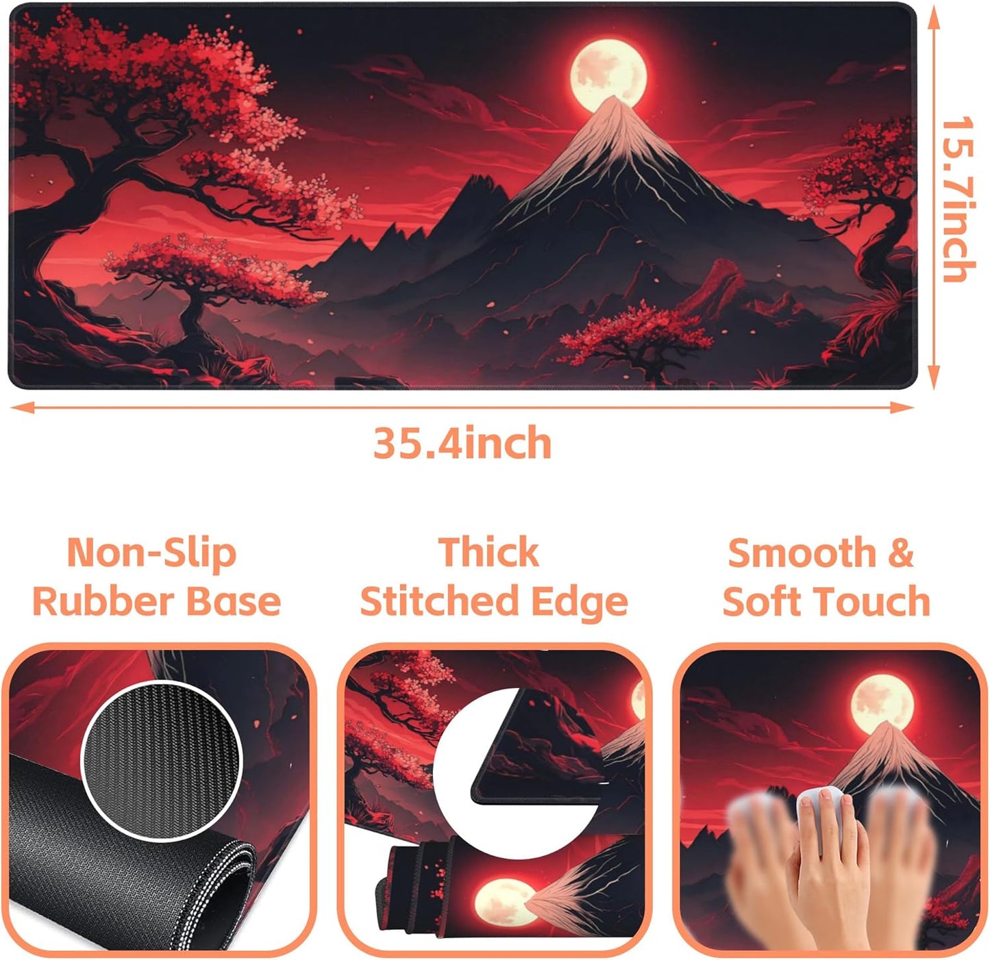 Mouse Pad Large Japanese Landscap Non-Slip Game Desk Mat with Stitched Edge Laptop Keyboard Desk Pad for Work Home Gaming (35.4 x 15.7 Inches)