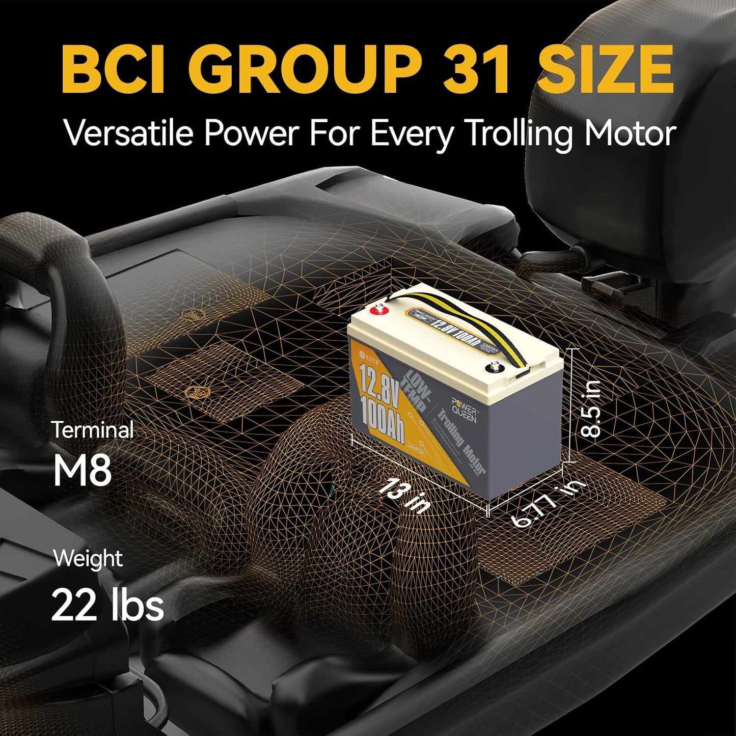 Power Queen 12.8V 100Ah Low-Temp LiFePO4 Battery with 12V40A Charger, Low Temperature Protection, Built-in 100A BMS, Grade A Battery Cell, Up to 15000+ Cycles, Perfect for Trolling Motor, Marine, RV