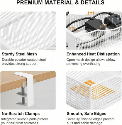 Extra Wide Under Desk Cable Management - No Drill Installation Cable Management Tray, Modern Cord Organizer for Office/Home Desk, Fits Power Strips & Wires((White, XL)