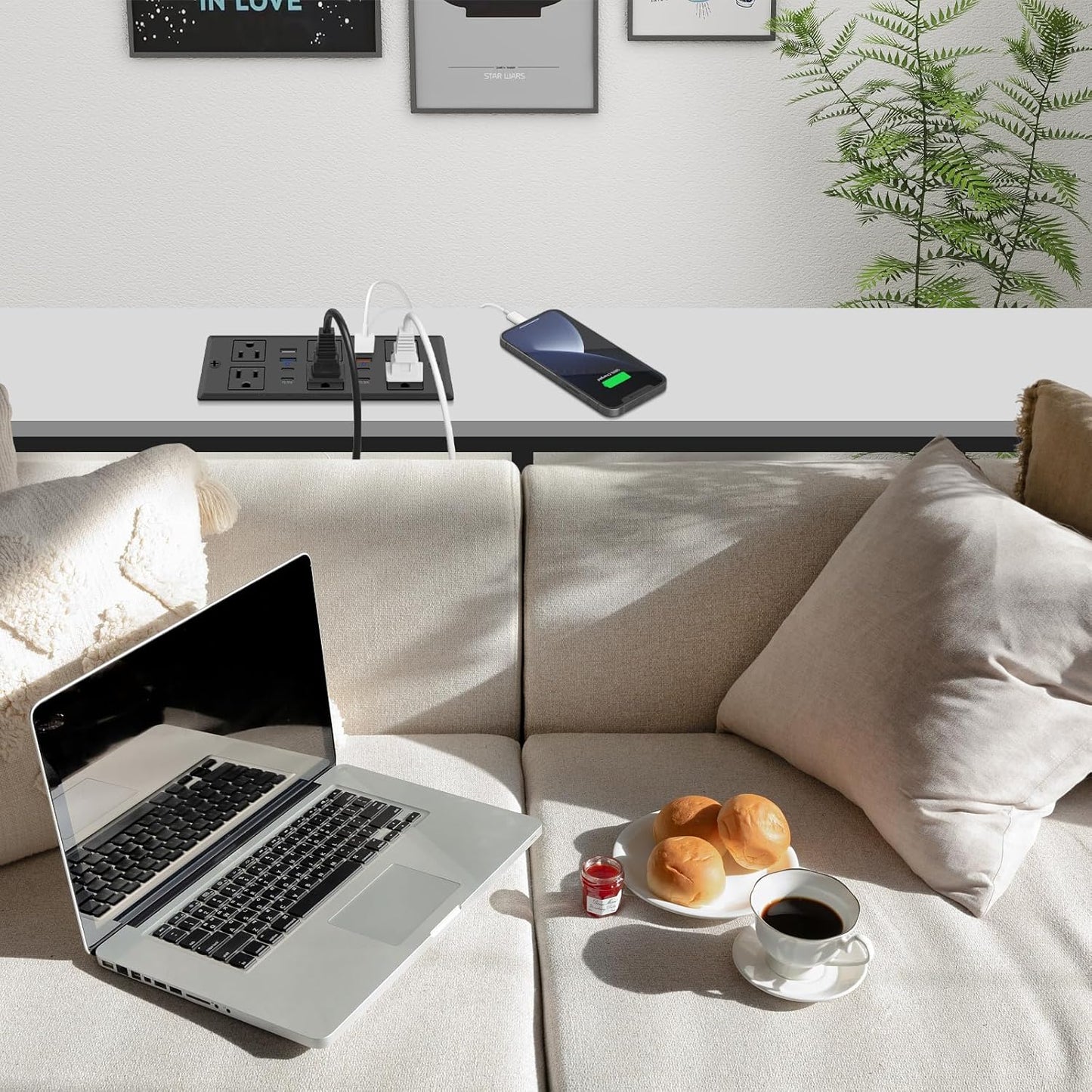 Recessed Power Strip, 30W PD USB-C & USB-A Fast Charging, Drawer Outlet Plug in 6 Outlets & 8 USB Ports, Furniture Flush Mount Desk Outlets for Conference Table, 10FT Cord Black