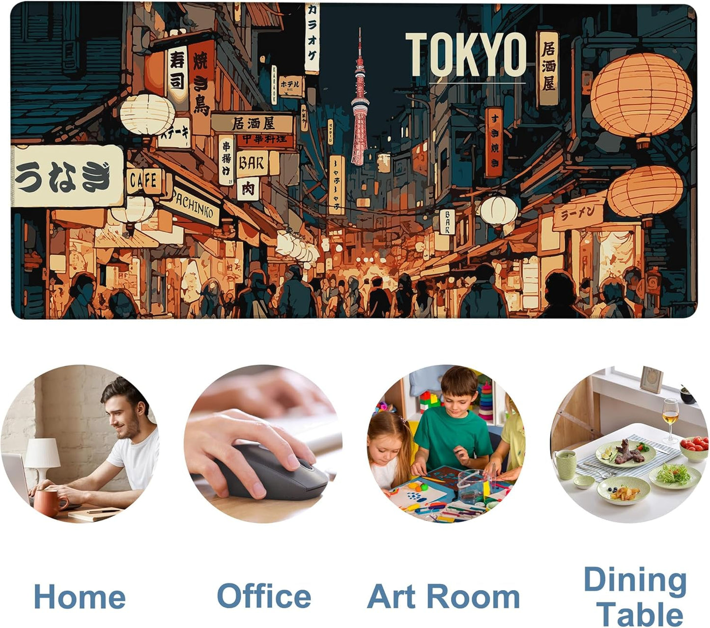 Gaming Desk Pad Large Extra Length Tokyo Japan Mouse Pad Keyboard Laptop Non-Slip Waterproof with Rubber Base Thick Stitched Edge Mouse Mat for Office Home 35.4 x 15.7 Inches
