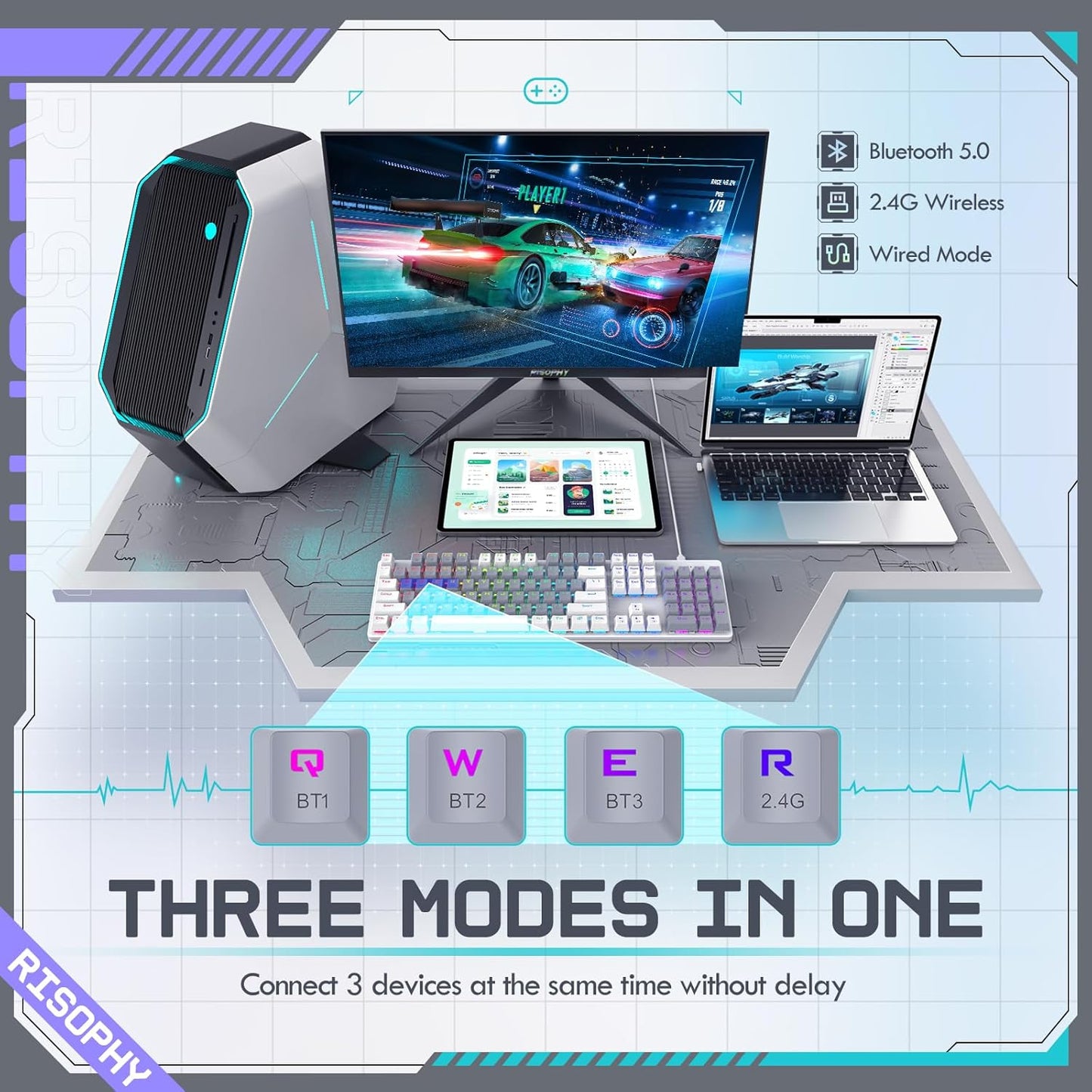 Wireless Mechanical Keyboard, Triple Mode 2.4G/USB-C/Bluetooth Gaming Keyboard, 104 Keys Programmable, Customize RGB Backlit, Red Switch, Bicolor PBT Keycaps, Rechargeable Wired for Laptop PC