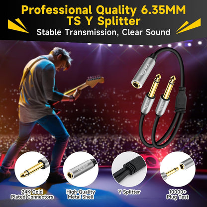 1/4 inch TS Mono Splitter Y Adapter, 6.35mm Mono Female to Dual 6.35 mm TS Mono Male Jack, Quarter inch Audio Speaker Splitter Converter Cable 1 Feet, Gold Plated Connectors