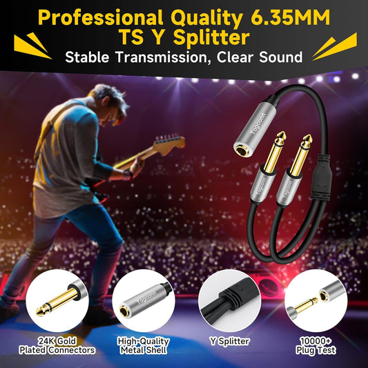 2-Pack 1/4 inch TS Mono Splitter Y Adapter, 6.35mm Mono Female to Dual 6.35 mm TS Mono Male Jack, Quarter inch Audio Speaker Splitter Converter Cable 1 Feet, Gold Plated Connectors