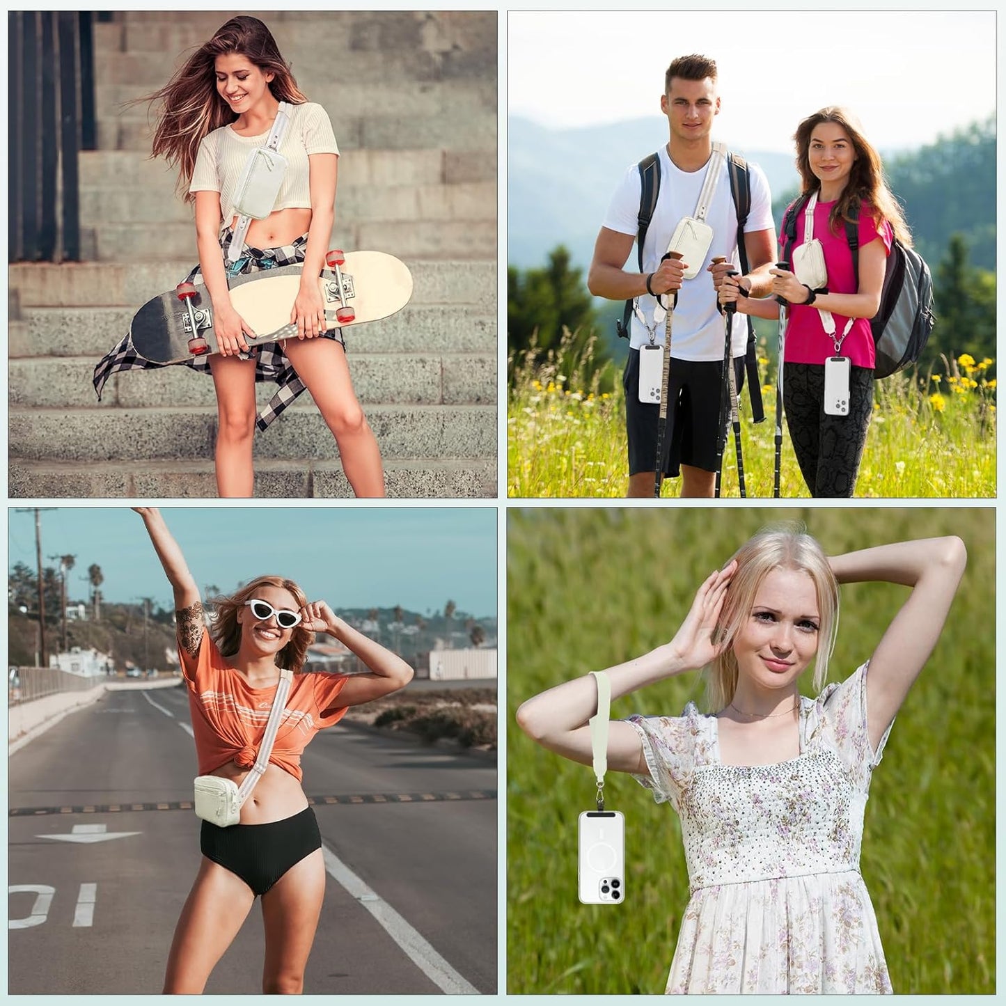 Clip and Go Strap for Phone with Wallet Crossbody, Adjustable Phone Lanyard with Detachable RFID Wristlet Wallet, Pattern Strap - Cream&Silver (L)