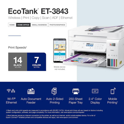 Epson EcoTank ET-3843 Wireless Color All-in-One Cartridge-Free Supertank Printer with Scanner, Copier, ADF and Ethernet-for The Ultimate Home Office, White