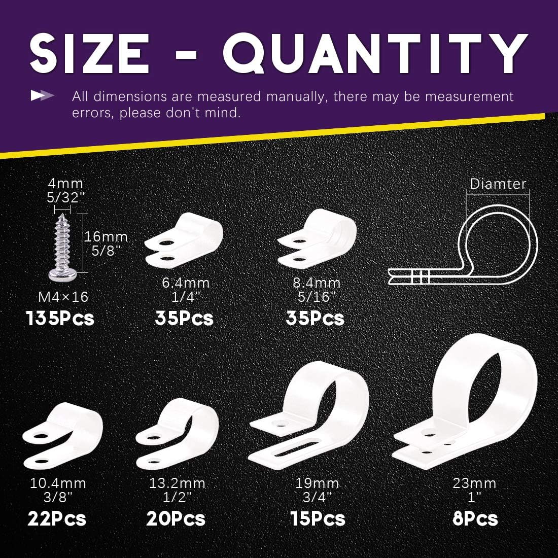 Swpeet 135 Pack 6 Sizes White Nylon Plastic R-Type Cable Clips Clamp Assortment Kit, 1/4" 5/16" 3/8" 1/2" 3/4" 1" Nylon Screw Mounting Cord Fastener Clips with 135 Pack Screws for Wire Management