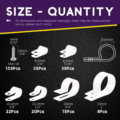 Swpeet 135 Pack 6 Sizes White Nylon Plastic R-Type Cable Clips Clamp Assortment Kit, 1/4" 5/16" 3/8" 1/2" 3/4" 1" Nylon Screw Mounting Cord Fastener Clips with 135 Pack Screws for Wire Management