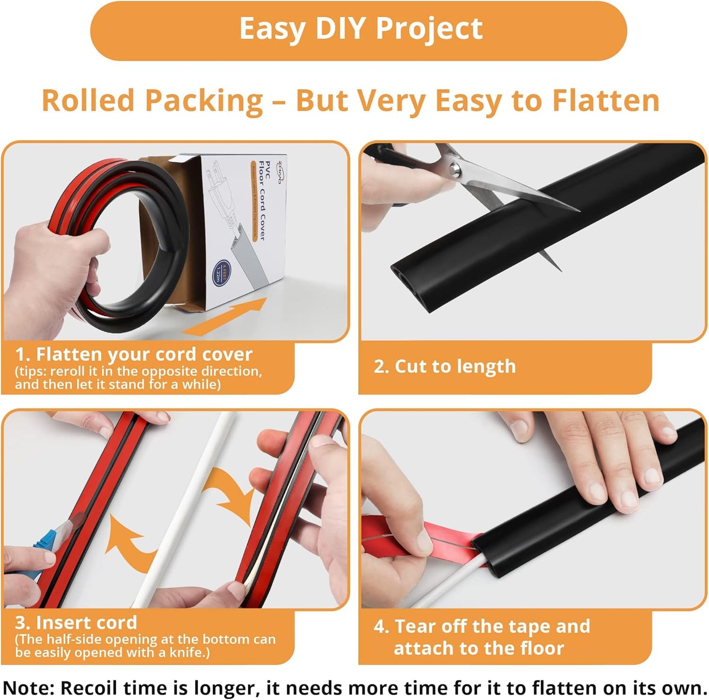 5ft Cord Cover Floor for Extension Cords, Floor Cable Cover, Self-adhesive Wire Cover to Protect Cables & Prevent Tripping, PVC Cord Hider Floor Cord Protector, Internal Channel Diameter: 0.39", Black