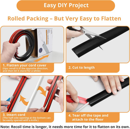 5ft Cord Cover Floor for Extension Cords, Self-Adhesive Floor Cable Cover to Protect Cables & Prevent Tripping, PVC Cord Hider Protector, Internal Wire Management Channel Diameter: 0.39",Brown