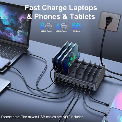 chipofy 500W Charging Station for Multiple Devices, 10-Port Multi USB C Fast Charger Station with Organizer Stand for MacBook Laptop, iPad, iPhone 16 15 Pro Max, Galaxy S25/S24 and More
