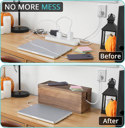 Large Cable Management Box, Burnt Wood Cord Organizer Box for Desk, Floor, Office to Hide Extension Cords Power Stripes Surge Protectors Chargers Wires