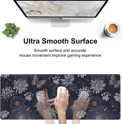 Wildflowers and Insects Desk Mat,Large Cute Flowers Butterflies and Dragonflies Gaming Keyboard Mouse Pad,Non-Slip Rubber Base Desk Pad Thick Stitched Edges Waterproof Mousepad Mouse Mat 31.5"x11.8"