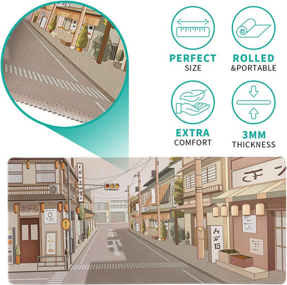 Tokyo Street Mouse Pad Anime Japanese Desk Mat Kawaii Large Gaming Mousepad XL Beige Cute Mousepad Gaming Non-Slip Rubber Base Stitched Edges Keyboard Mouse Mat Desk Pad for Office Home and Game