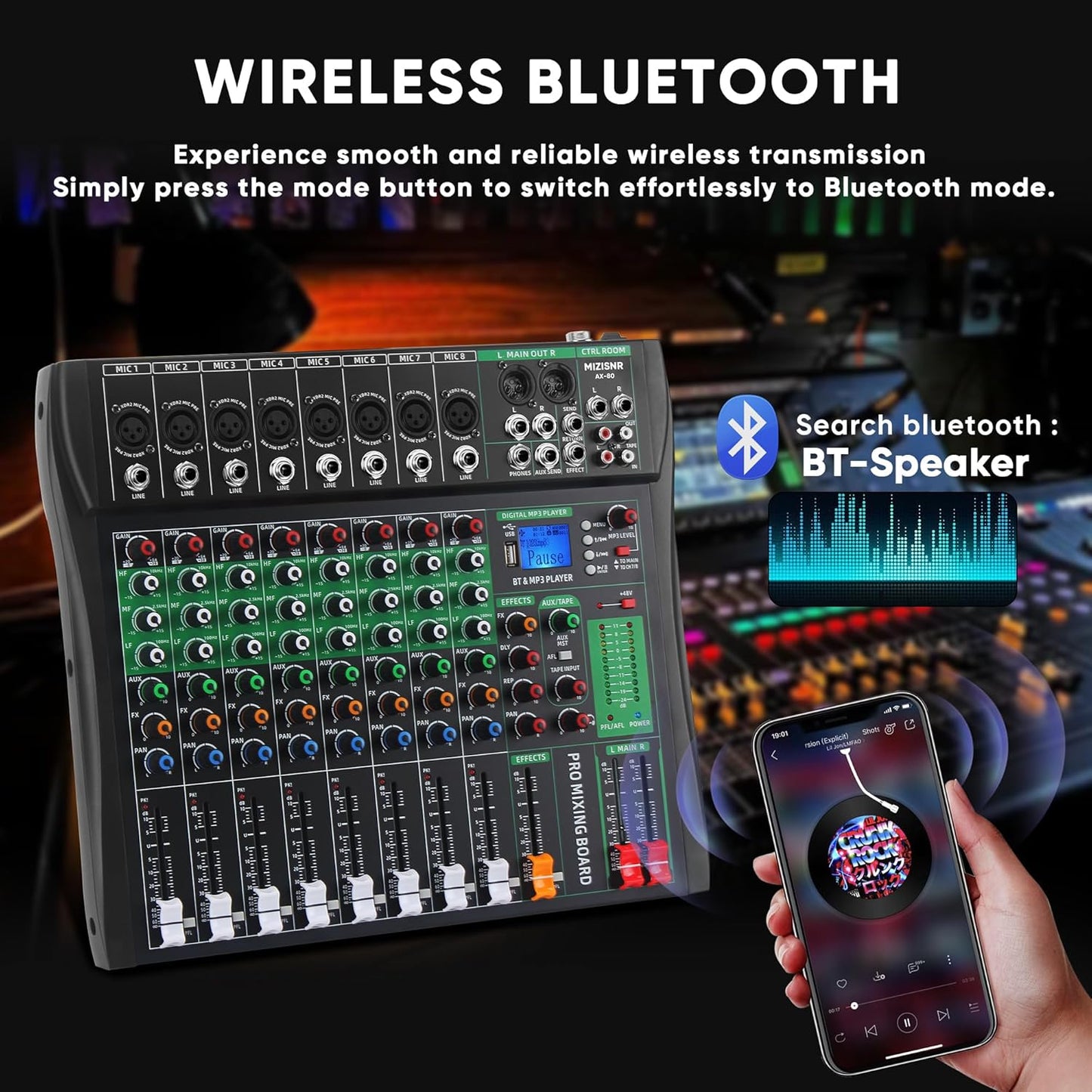 8 Channel Audio Mixer, Professional DJ Mixer Board Sound Music Mixing Console Digital Mixer with Reverb, Bluetooth, USB Port, 48V Phantom Power for Recording Karaoke Podcasting
