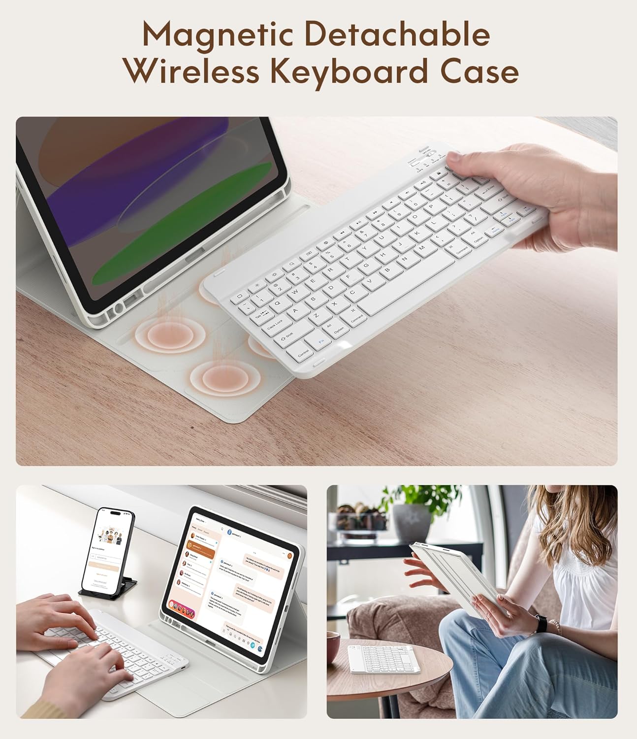 CHESONA Keyboard Case for iPad (A16) 11th/10th Generation (2025/2022), Detachable Wireless Keyboard, Stand Folio Keyboard Cover with Pencil Holder, Thin & Light (White)