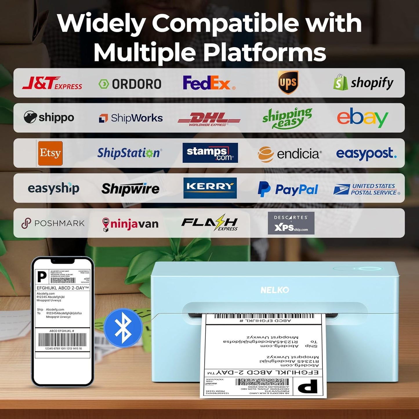 Nelko Bluetooth Thermal Shipping Label Printer, 4x6 Shipping Label Printer for Shipping Packages, Support Android, iPhone and Windows, Widely Used for Amazon, Ebay, Shopify (Blue)