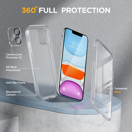 Miracase Glass Series for iPhone 11 Case 6.1 inch, Upgraded Full-Body Rugged Phone Bumper Case Cover with Built-in 9H Tempered Glass Screen Protector and Camera Protector, Matte Clear