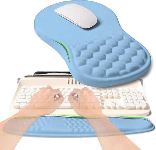 2-in-1 Ergonomic Set, Wave Rise Keyboard Wrist Rest and Massage Bulge Slope Mouse Pad Wrist Support, Cushion Memory Foam Integrated to Relieve Wrist Pain, Lake Blue