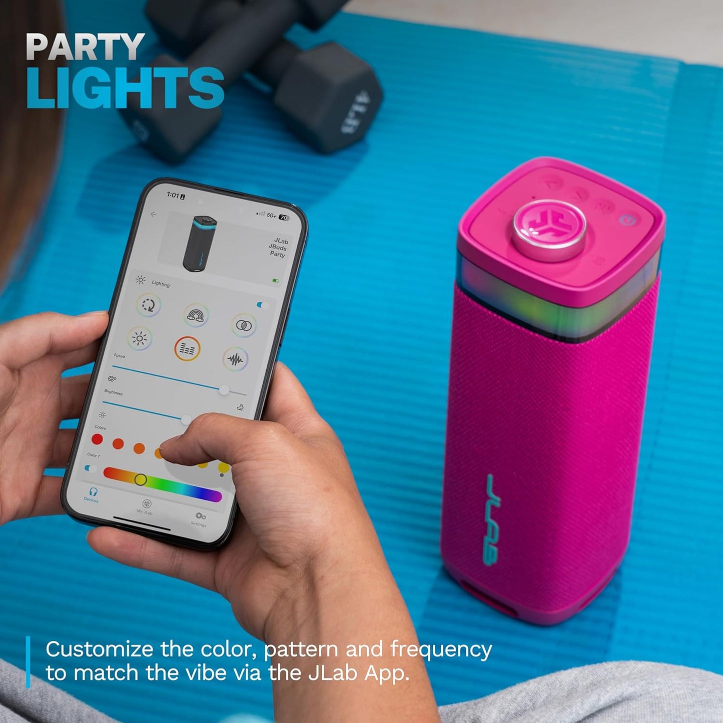 JLab JBuds Party Portable Bluetooth Speaker, 2 Full-Range Drivers + 2 Passive Woofers, IP56 Waterproof, 12 Hours Playtime, Connect Multiple Speakers, Custom Sound + RGB Lighting via App, Pink