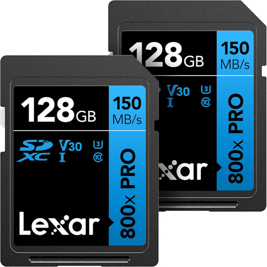 Lexar 128GB (2-Pack) High-Performance 800x PRO SD Card, UHS-I, C10, U3, V30, 4K, Up to 150MB/s Read SDXC Memory Card, for Point-and-Shoot & Mid-Range DSLR Cameras, HD Camcorders (LSD0800P128G-B2NNU)