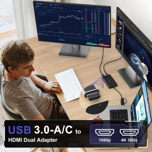 USB 3.0 to HDMI Splitter Extended Display Dual Monitors, USB 3.0-A/C to Dual HDMI Adapter 4K@30Hz+1080p@60Hz Compatible MacBook/MacBook Pro Air Dell (MST Support MacOS/Windows)