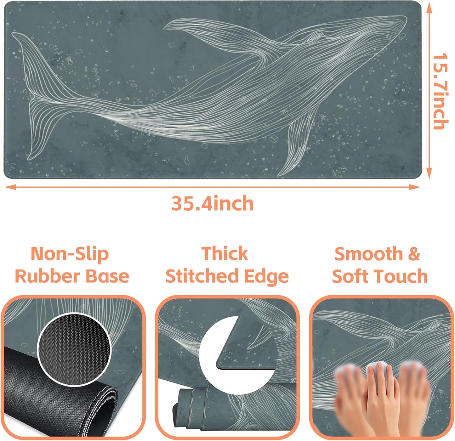 Mouse Pad Large Hand Drawn Whale Non-Slip Gaming Desk Mat with Stitched Edge Laptop Keyboard Desk Pad for Work Home Gaming (35.4 x 15.7 Inches)