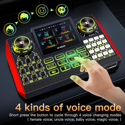 Audio mixer, suitable for live streaming, singing, and gaming on computer/phone; soundboard for 3.5mm condenser microphone; podcast mixer with live sound card, noise reduction, and one-touch mute