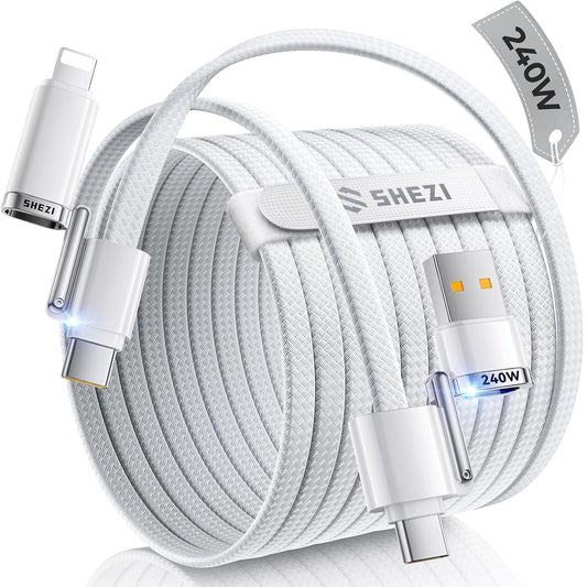 SHEZI 4-in-1 USB C Cable Compatible with Lightning Cable 240W Fast Charging & Data Transfer, Support to CarPlay & Android Auto, 5FT Multi Cords Charger for iPhone/iPad/Samsung/MacBook, White