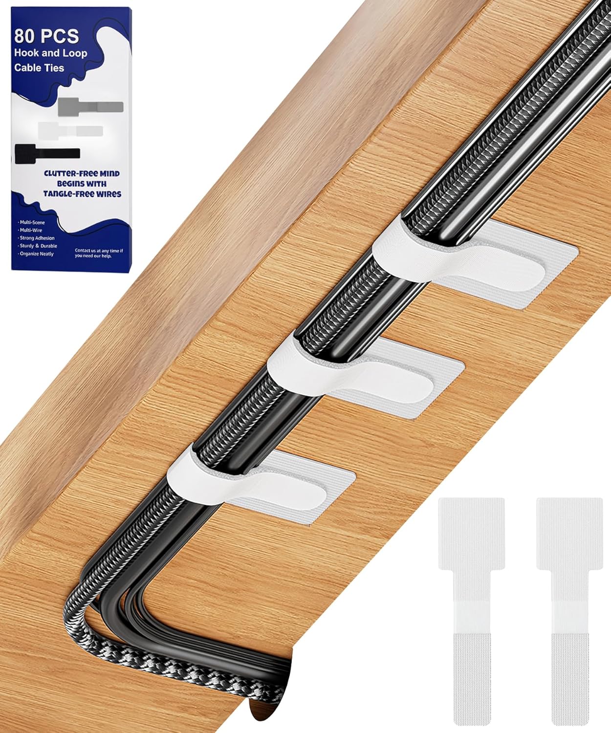 80PCS Hook and Loop Cable Ties, Hook and Loop Cable Straps, Under Desk Cable Management, Adhesive Cable Clips, Sticky-Back Cord Organizer for Desk, Household & Office Organization (White)