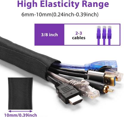 Cable Management Sleeve YCLYC 8.2ft - 3/8inch, Cable Wrap Cord Covers for Pets, Easy Install Cable Sleeves Cord Management, Flexible Computer Cord Organizer for Cords, Black Cable Covers