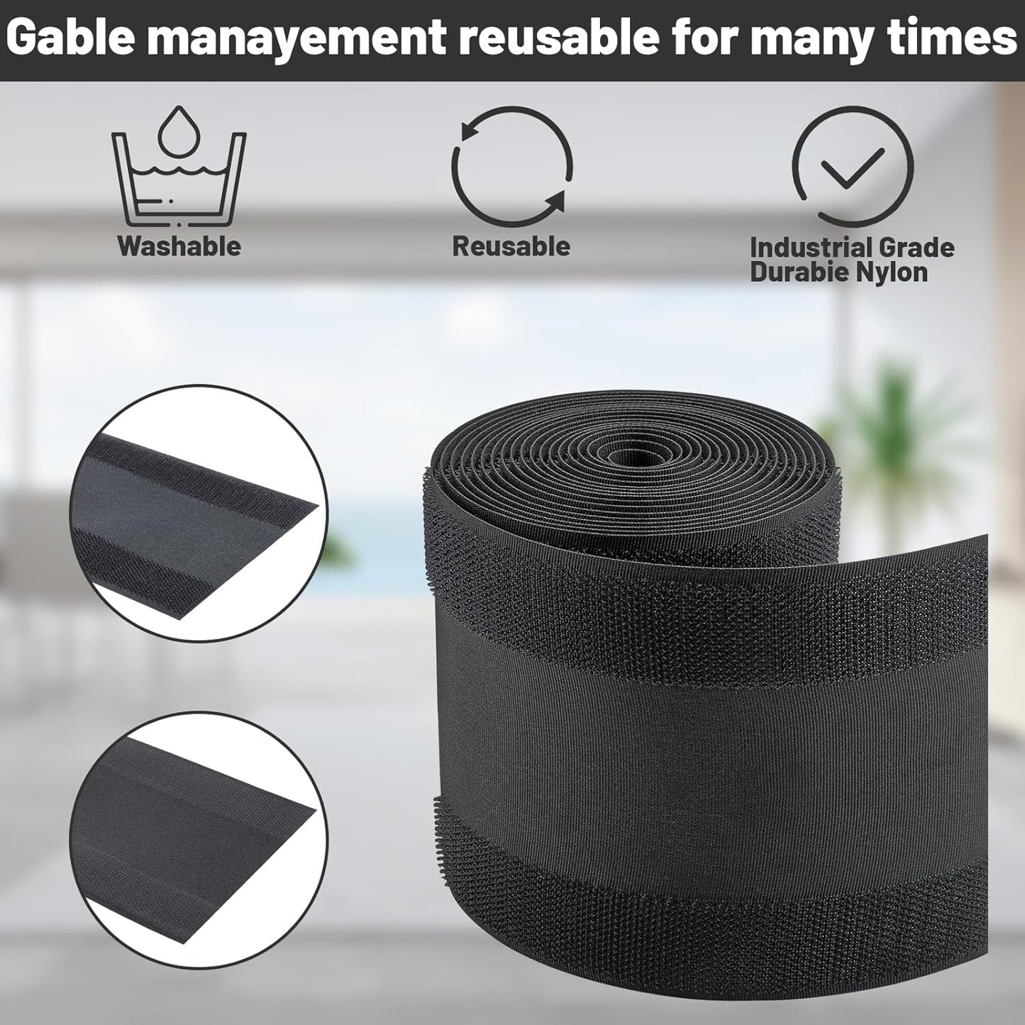 IHKFILAN Carpet Cord Cover Carpet Cable Management Under Desk Cable Grip Strip Black Hook and Loop Tape Cable Polyester Cover Protect Cables to Prevent Tripping Over Wires for Homes & Office (20ft)