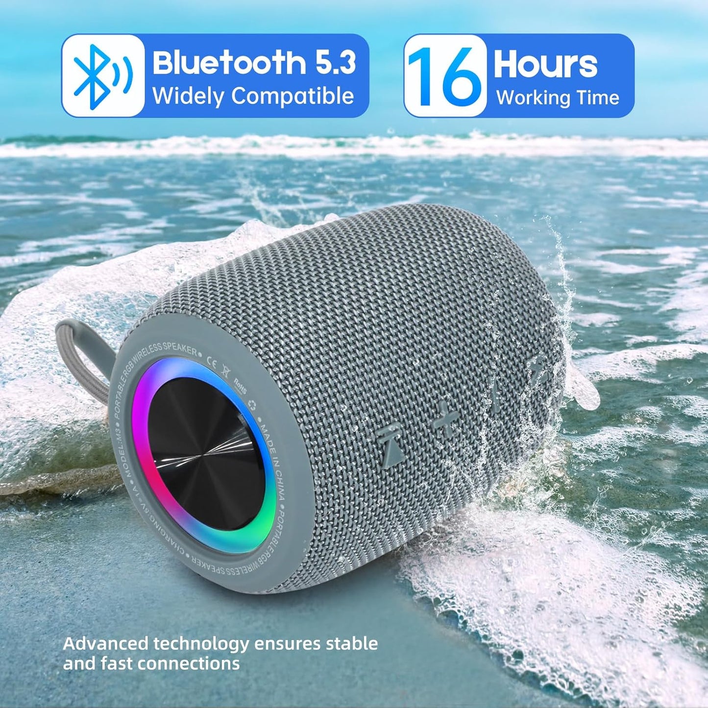 Portable Bluetooth Speaker, BT5.3 Wireless Speaker 20W Bass Diaphragms with Multi LED Light Dynamic Modes, IPX6 Waterproof 16H Playtime supports FM Mode, TF, USB for Home, Cycling, Outdoor, Beach