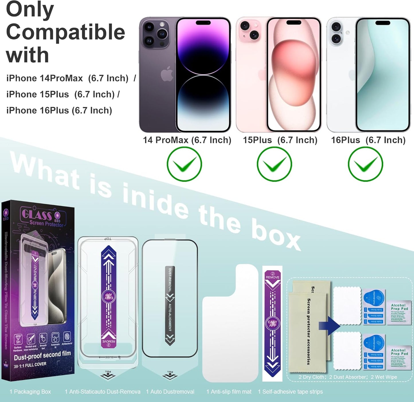 2 Pack Screen Protector Tempered Glass for iPhone 16 Plus and iPhone15 Plus and iPhone 14 Pro Max 6.7-Inch Auto Dust Removal, No Bubbles, High Definition Clear, Easy Installation